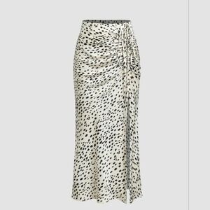 Cider White Satin wBlack Spots Midi Slip Skirt wRusched Front Feminine Glam Vamp